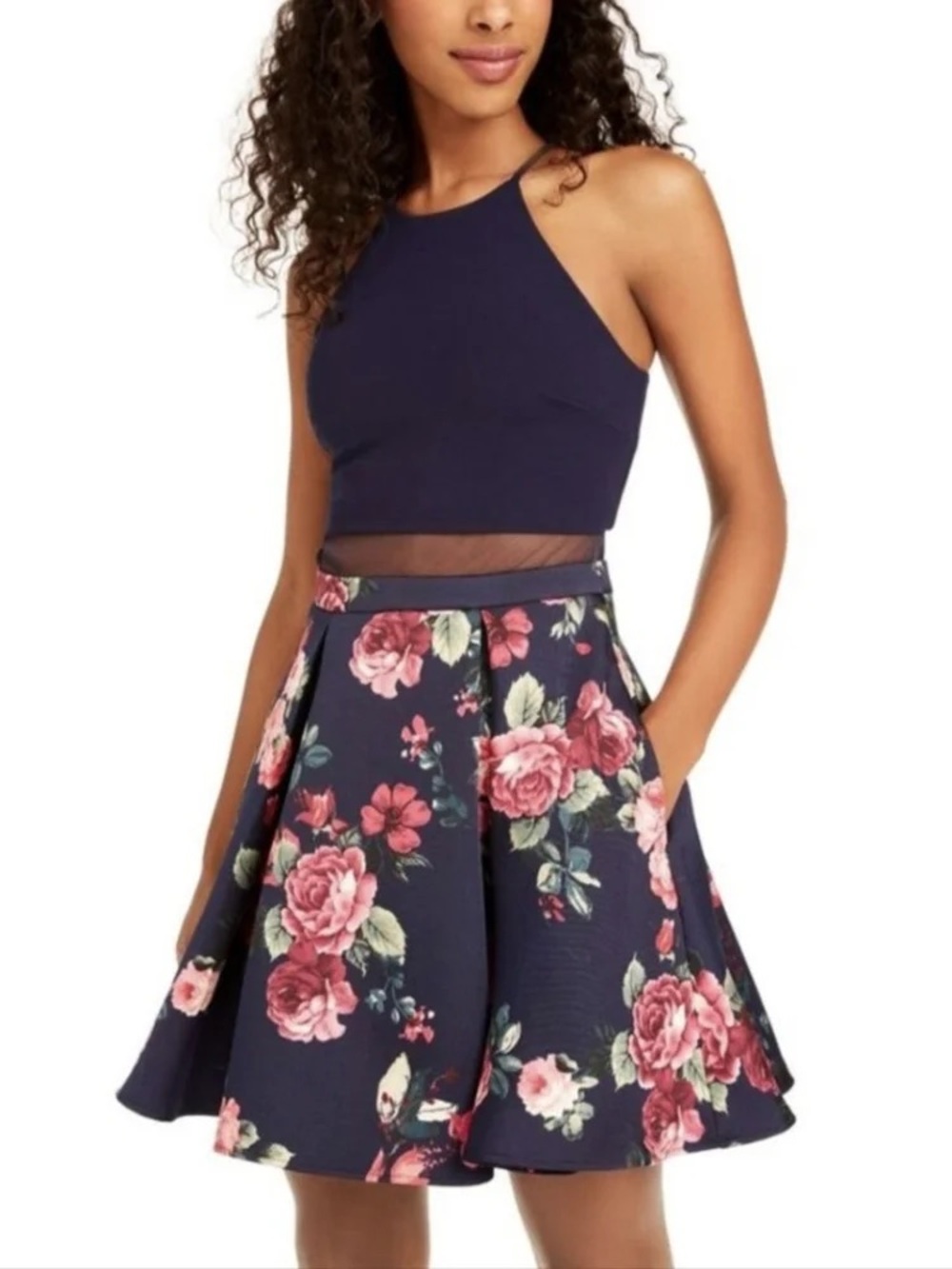 Floral Navy Feminine Coquette‎ A-Line Skirt - Knee Length